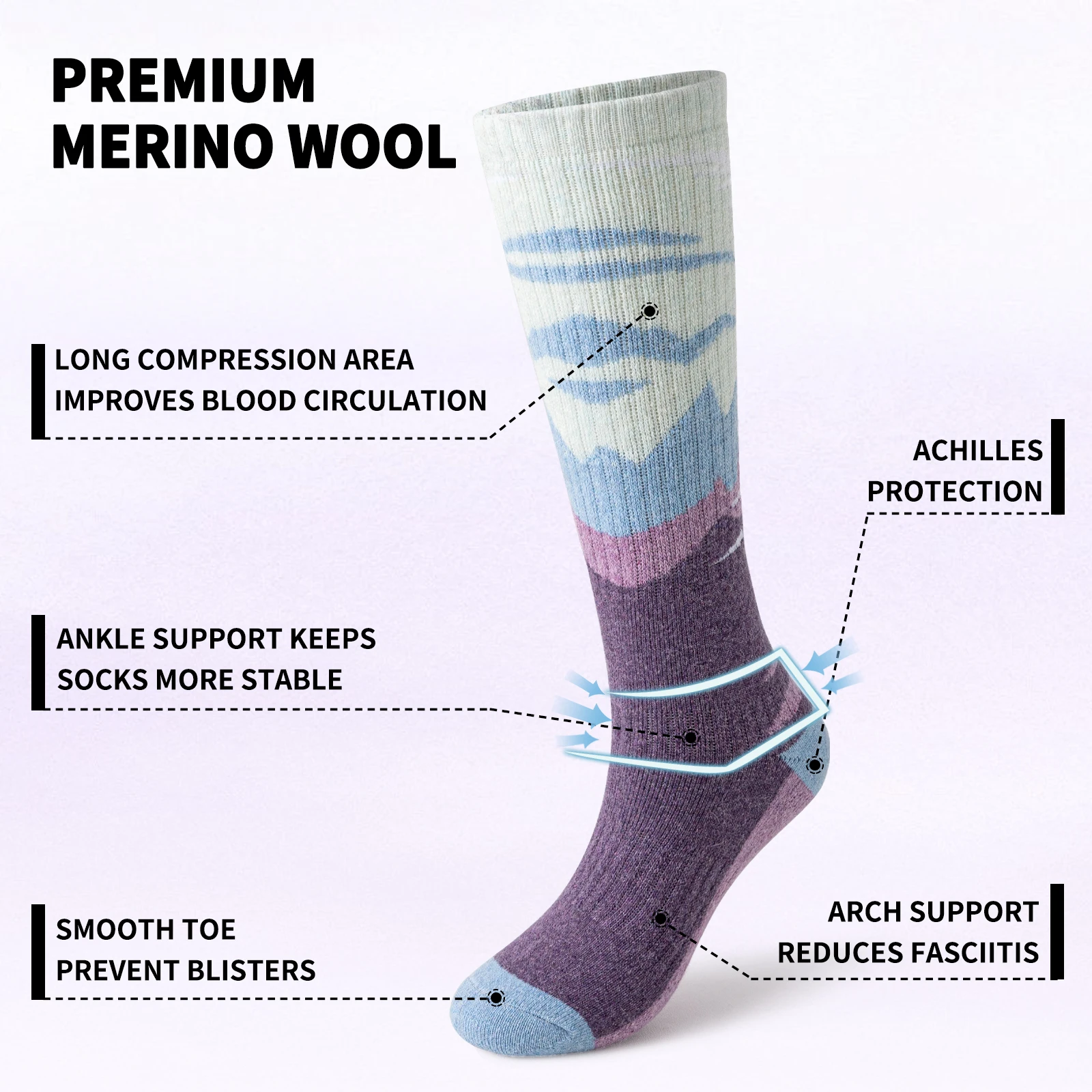 Homens e mulheres Merino Wool Ski Socks, Joelho meias altas, confortável, ao ar livre, bordo, quente, inverno, 3 pares