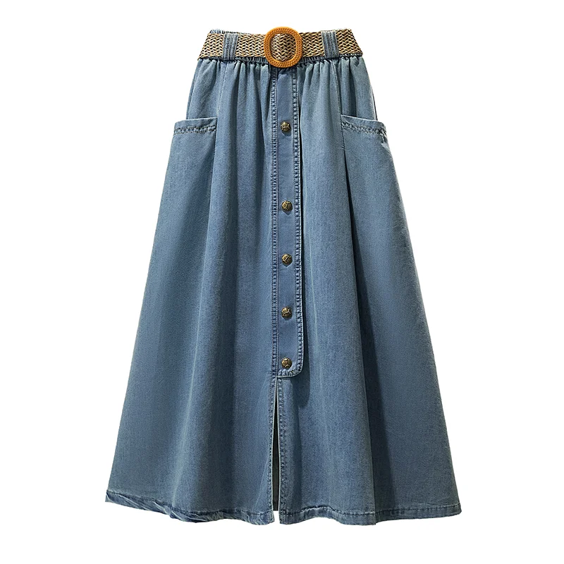 Falda vaquera de cintura alta para mujer, falda de longitud media acampanada con una hilera de botones, falda vaquera informal versátil Retro para primavera y verano