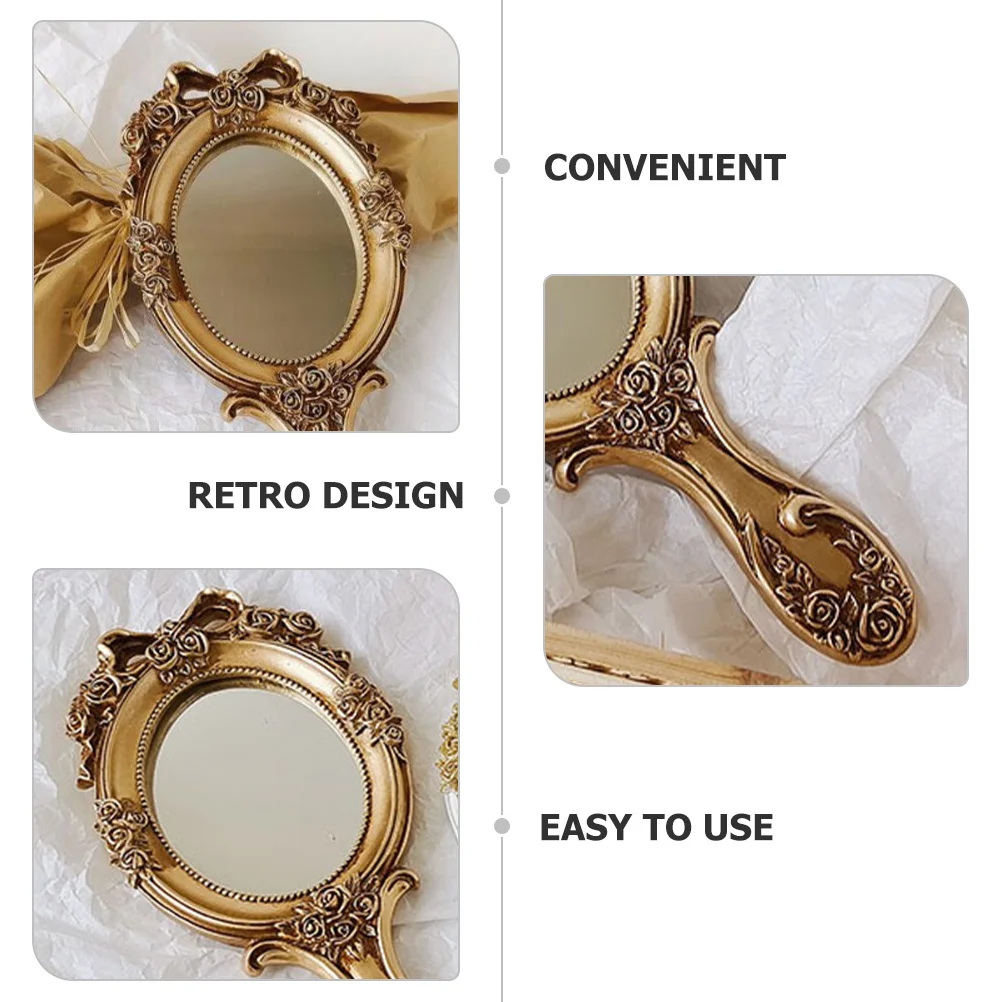 

Handheld Vintage Travel Mirror Painted Design Resin Material Embossed Pattern Portable Makeup Mirror Clear Reflection