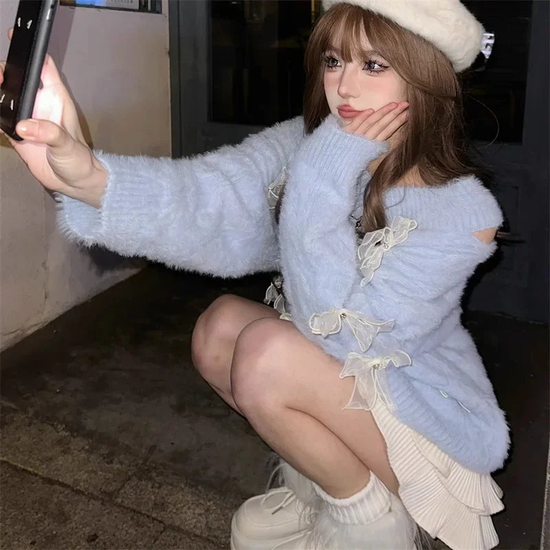 ถักเสื้อกันหนาวผู้หญิงโบว์VคอBaggy Pullovers VintageออกแบบStreetwear Slouchy All-Matchใหม่Ulzzangอินเทรนด์Girlish 2024