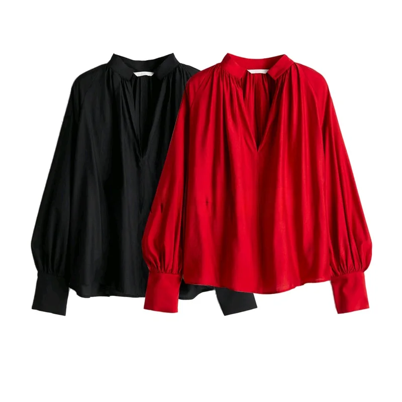 

Fall New Women's mat Loose Version Lantern Sve Stand Collar Pleated Decorated Top Casual Sle Polyester Fabric