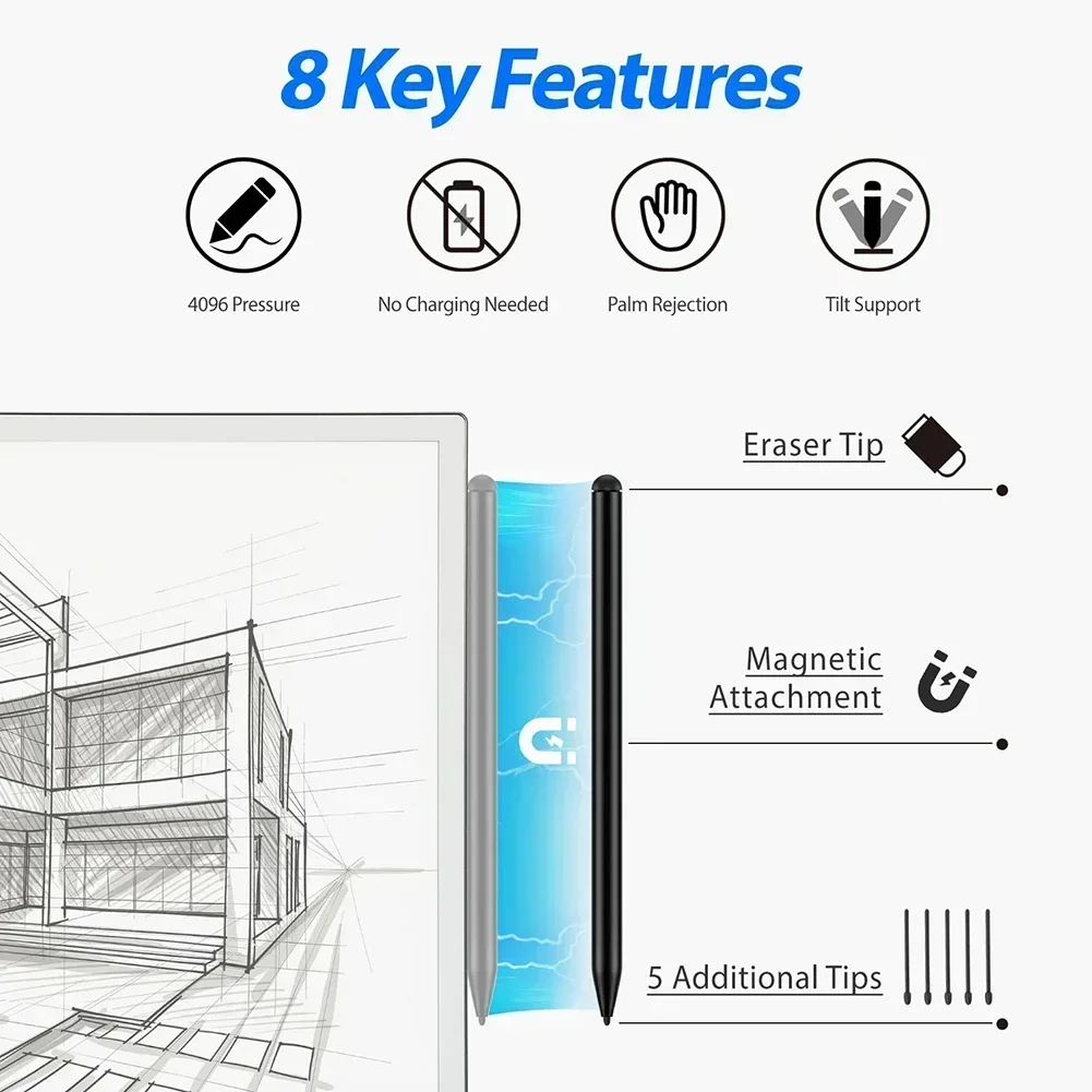 For ReMarkable 2 Magnetic Pen With Eraser 4096 EMR Pen Stylus Digital Pen Sensitivity Palm Rejection And Tilt Stylus Touch Pen