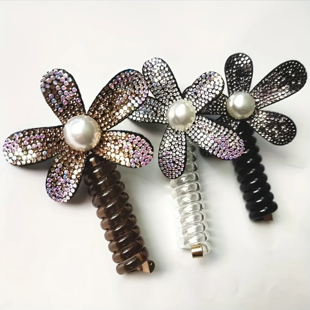 Funkelndes elastisches Telefonleitungs-Stirnband-Haar-Accessoire, Spiral-Haarband mit Blumen und Strasssteinen