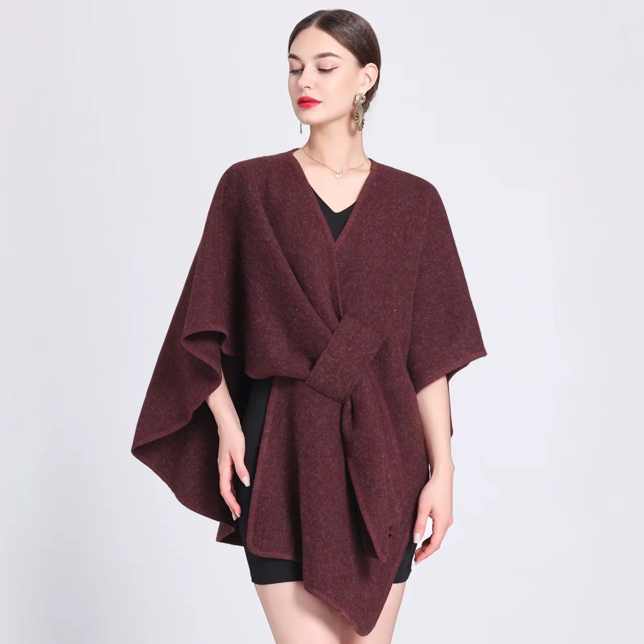 Fashion Side Strap Soft Wool Blends Poncho Cape Coat Autumn Winter Women Cardigan Shawl Cloak