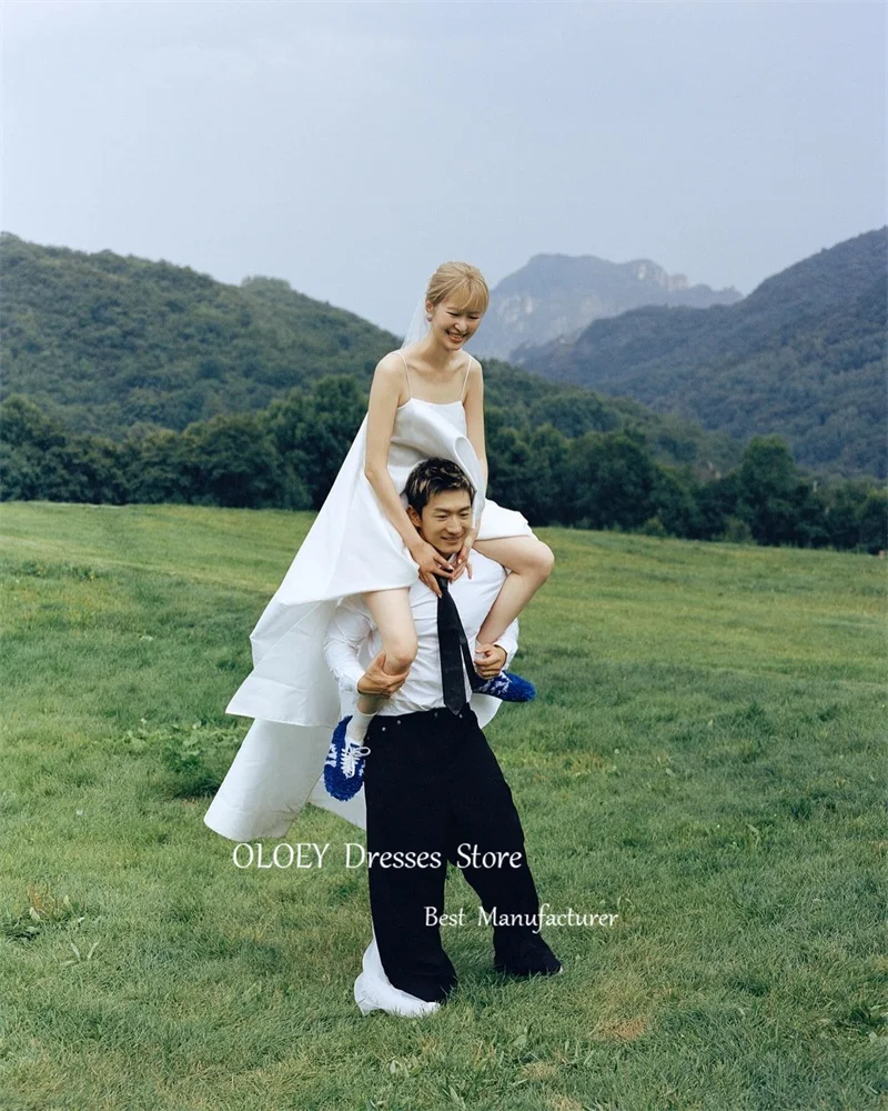 OLOEY السباغيتي الأشرطة قصيرة الجبهة طويلة الظهر فساتين الزفاف كوريا التقطت الصور التفتا شاطئ زي العرائس حفلة رسمية مع الحجاب