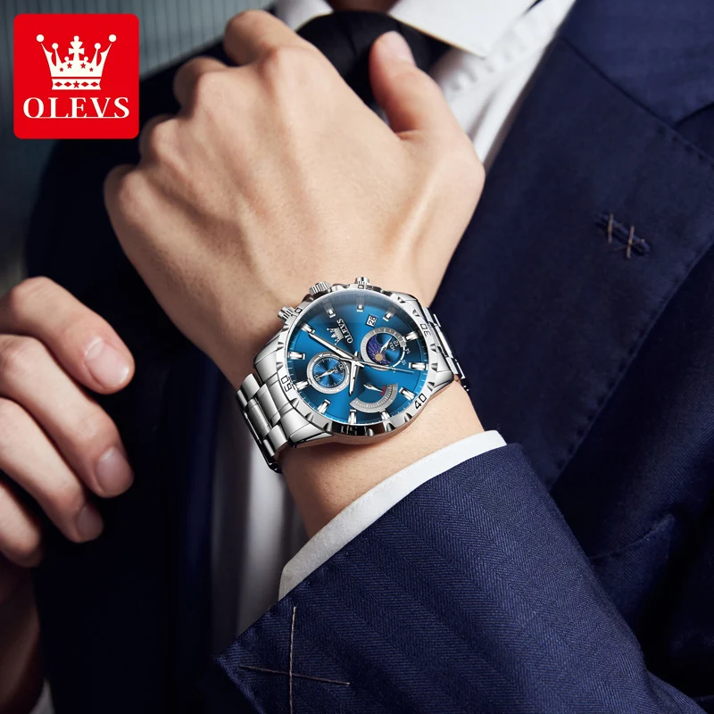 OLEVS-Montre de luxe étanche en acier inoxydable pour homme, horloge à main à quartz, chronographe, phase de lune, date automatique, mode, 2953