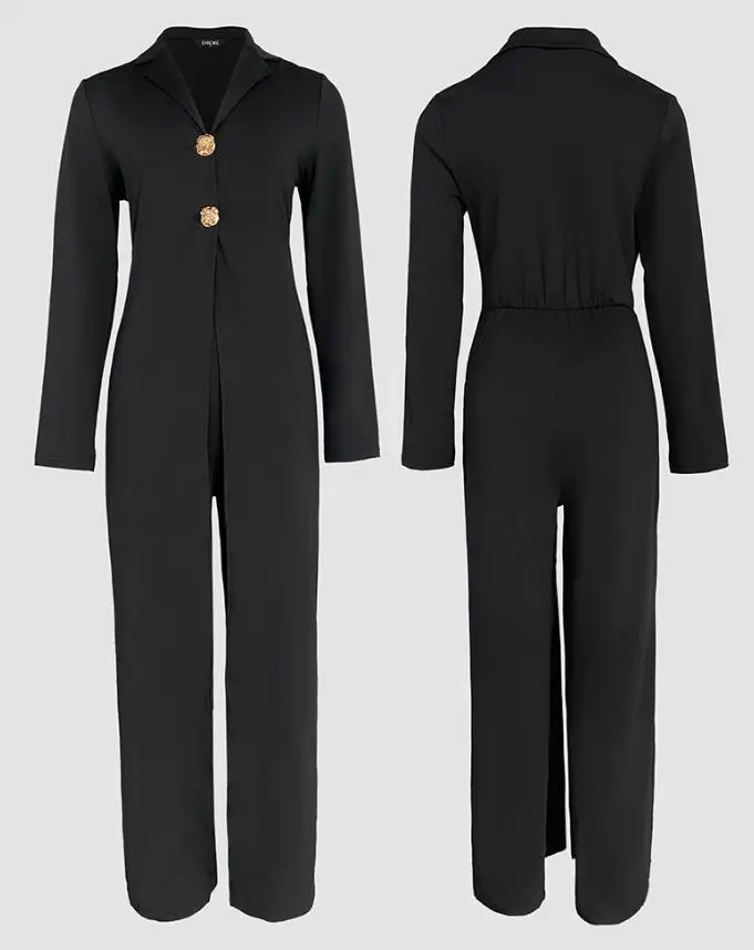 

Women's Elegant Wide Leg Jumpsuit Female Notched Collar Long Sleeve Button Front Casual Cinched Waist Faux Two-Piece Jumpsuit