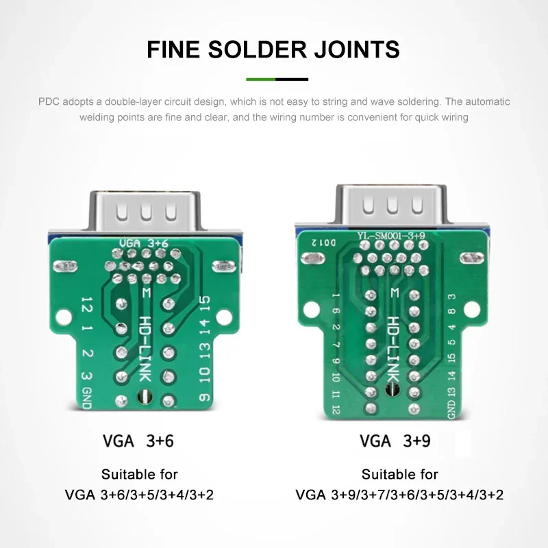 3+9 VGA Solderless Connector DB15 3+6 Locking Type 3 Row of 15 Pin Male Female Plug Computer Monitor Projector Breakout Terminal