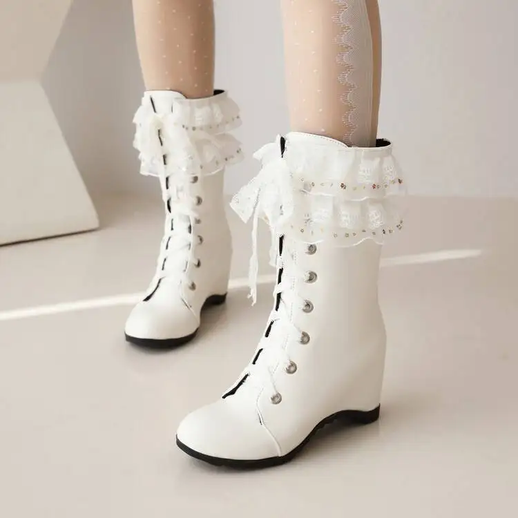 Sweet Lace Cuffed Lolita Women's Boots with Height-up Lace-up Princess Role Play Boots Round Toe Mid-calf Kawaii Leather Boots