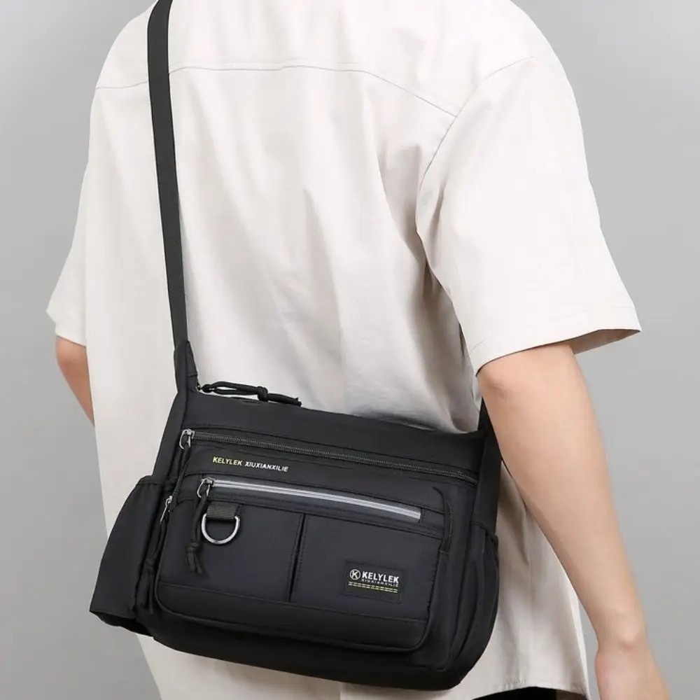 Large Capacity Men Shoulder Bag Side Pocket with Reflective Stripe Business Messenger Bag Lightweight Oxford Cloth