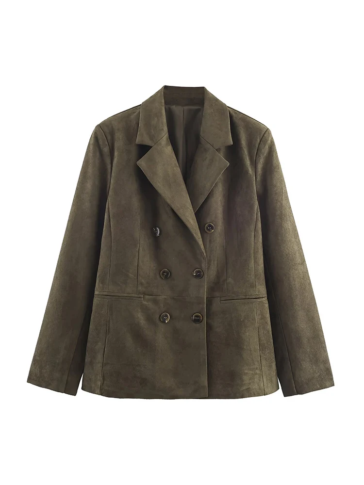 

Новый женский модный и универсальный однотонный кожаный двубортный пиджак в европейском стиле.