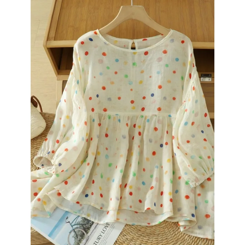Women Japanese Style Colorful Polka Dot Babydoll Blouse Loose Linen Shirt Summer Casual Top