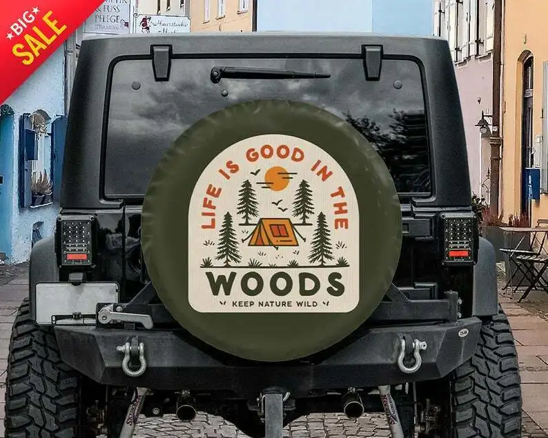 Camping campfire spare tire protector in the woods as a gift for campers Made With Your Size Soft Spare Wheel Tire Cover