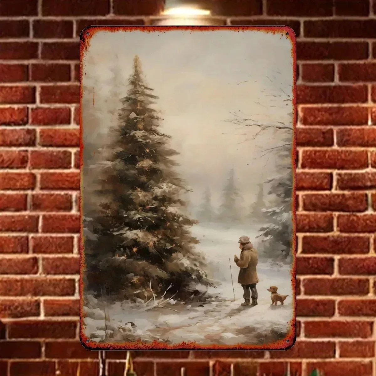 8×12Inch 20×30CM 2D Flat Personalized Vintage Winter Snowy Forest Tin Sign Snowman Dog Cabin Christmas Waterproof Bar Man Cave W