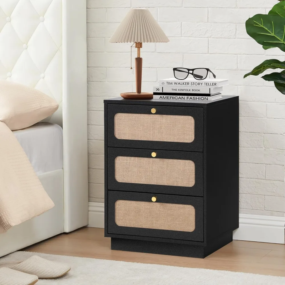 

Mid Century Night Stand with 3 Drawers, Farmhouse End Table with Storage & Curved Linen Panel, Modern Nightstands Bedside Table