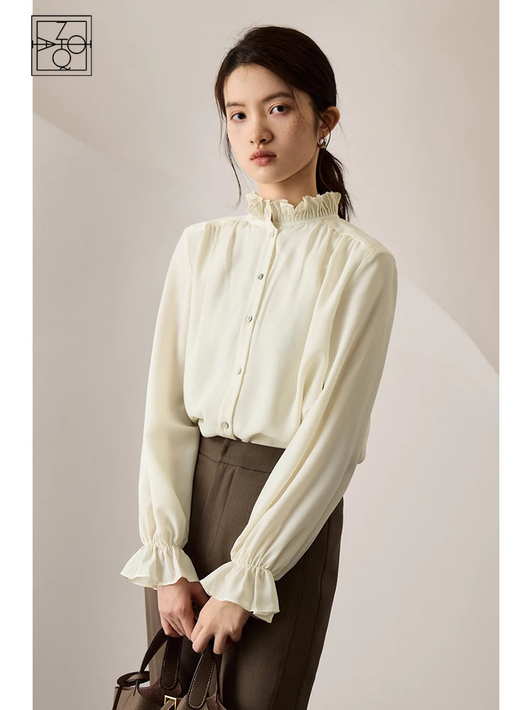 ZIQIAO Stand Collar Women Elegant Solid Long Sleeve Shirts Wood Ear Side Neckline Design Autumn Blouses Female Polyester Shirt