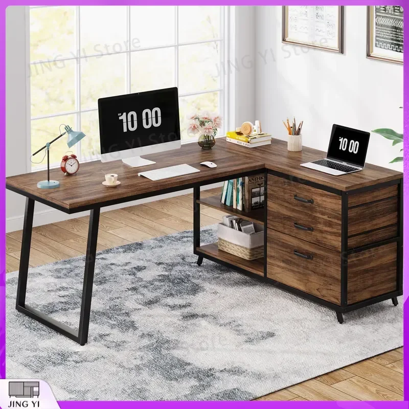 L Shaped Computer Desk with 3 Drawers Reversible Corner Office Desk with Shelves Industrial PC Desk 53 Inch Workstation Study