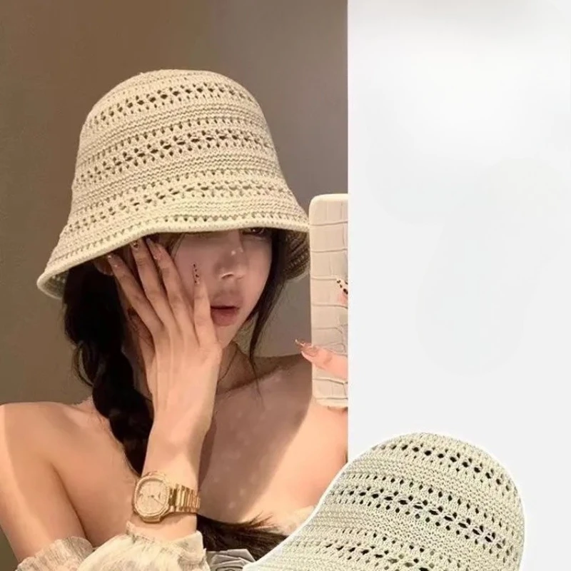 

Hollow Knitted Summer Bucket Hats Holiday Vacation Sun Protection Hat Women Girls Leisure Versatile Small Fresh Fashion Pot Hat