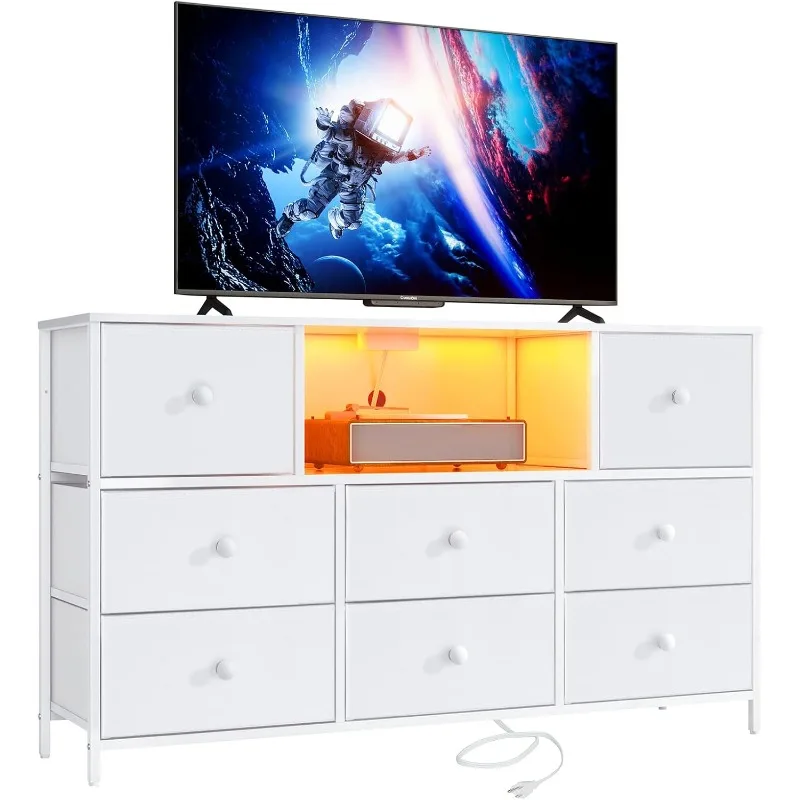 

White Dresser with Power Outlets and LED Lights, 43" W Dresser TV Stand with 8 Drawers, Fabric Chest of Drawers for Bedroom