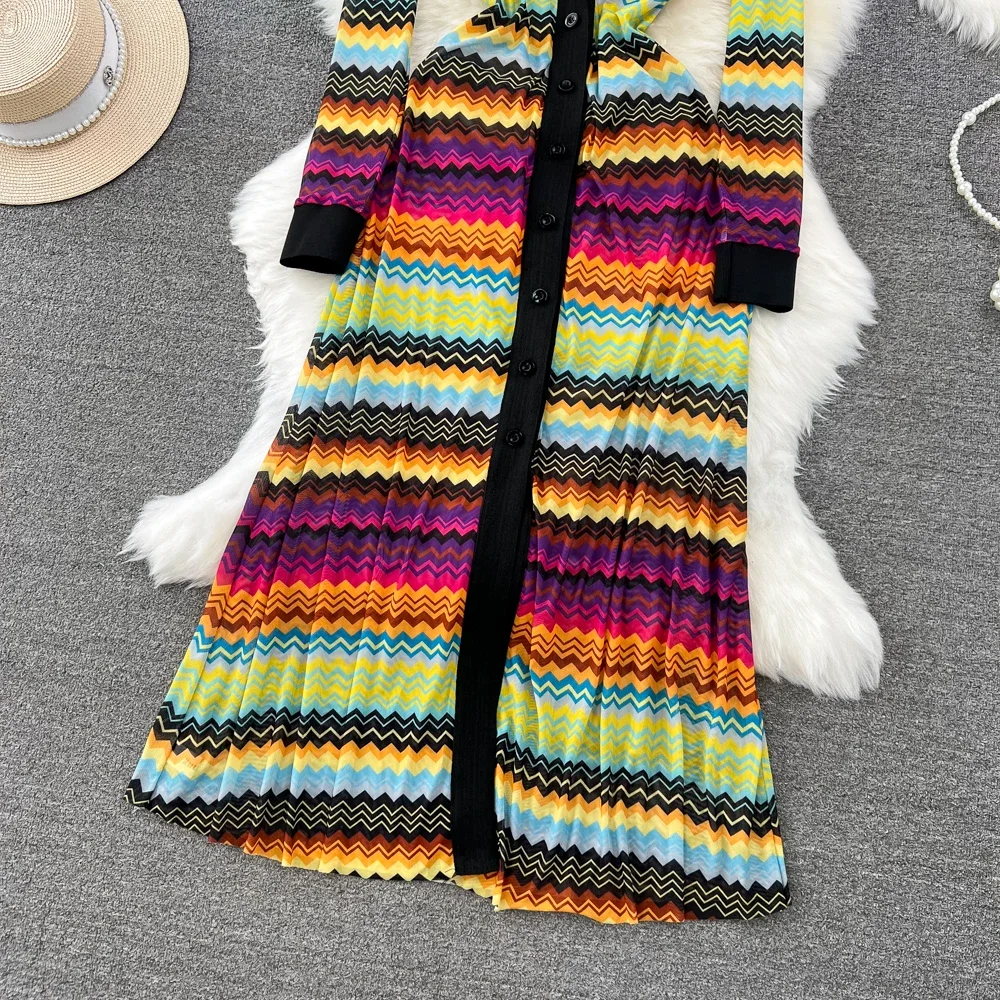 Runway Fashion V-neck Rainbow Color Striped Long Maxi Dresses Women Vintage Long Sleeve Mesh Sunscreen Beach Dresses