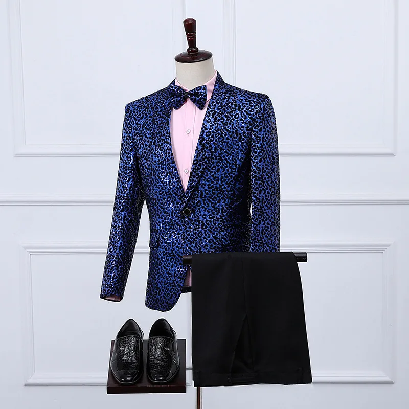 2024 men's leopard print sequined suit, slim stage, evening performance suit, two pieces.