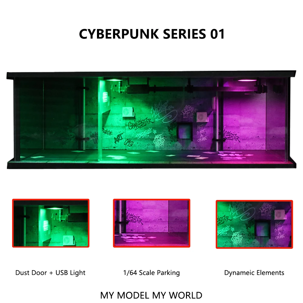 Cyberpunk سلسلة سيارة المرآب نموذج 1:64 مقياس Diorama سيارة المرآب نموذج مع أضواء LED وقوف السيارات الكثير مدينة لتقوم بها بنفسك نموذج مجموعات جمع #2