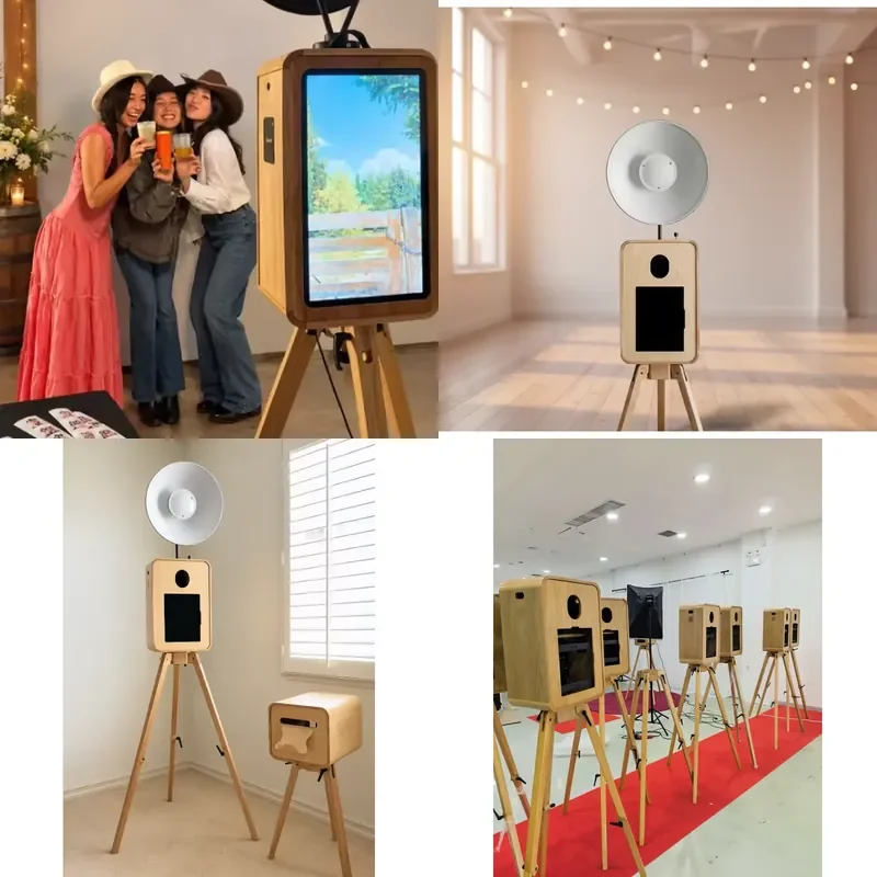 Commercial Wooden Photo Booth Selfie Station for Weddings Events with 18.5 Inch Touchscreen and Printer Stand