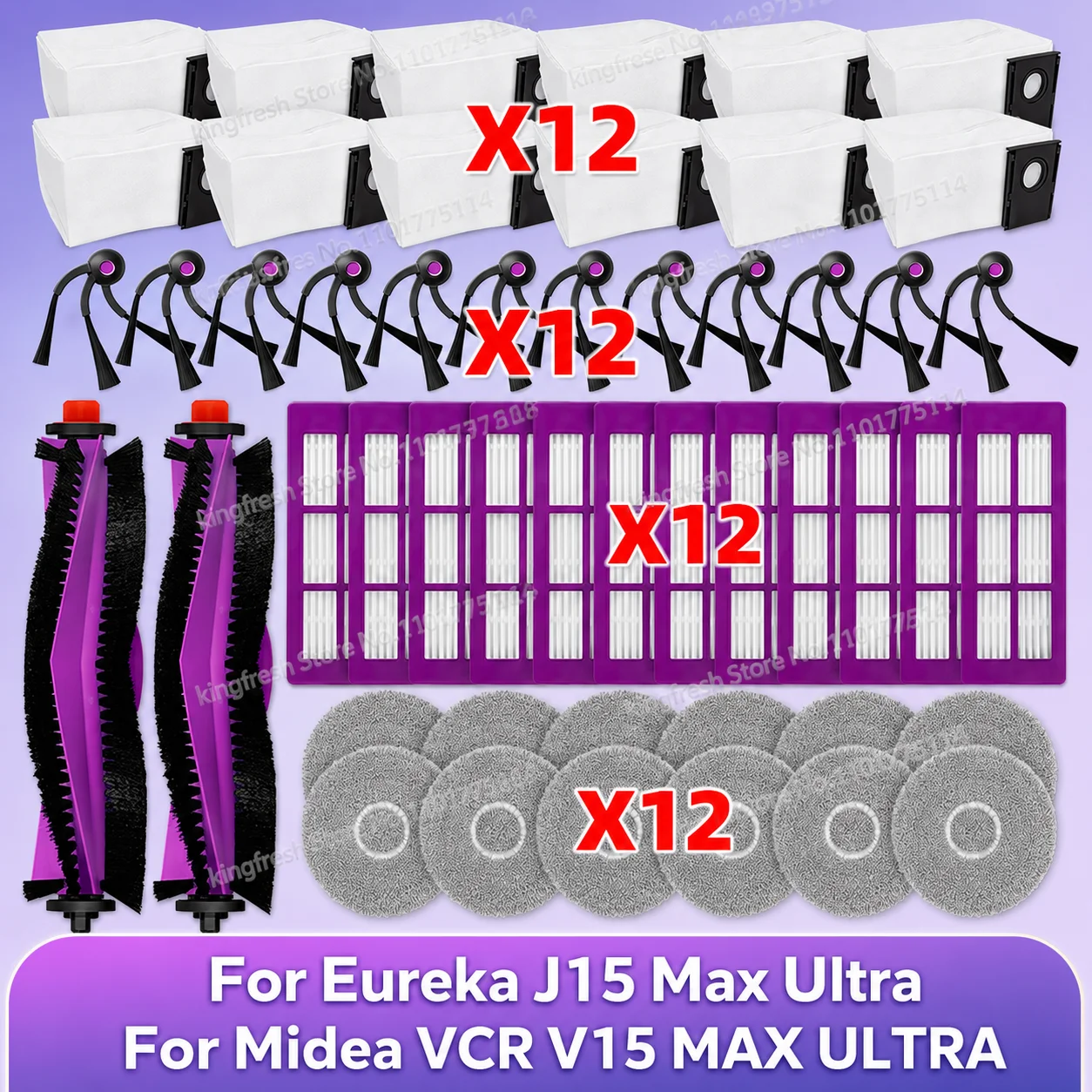 Passend für (Eureka J15 Max Ultra / Midea VCR V15 MAX ULTRA) Staubsaugerteile Hauptbürste Seitenbürste HEPA Filter Wischtuch Staubbeutel