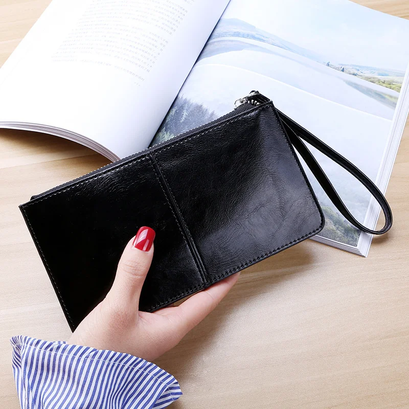 Vintage Oil Wax Leather Zipper Clutch Wallet Female Large Capacity Coin Purse Ladies Wristband Simple Card Holder Women's Wallet