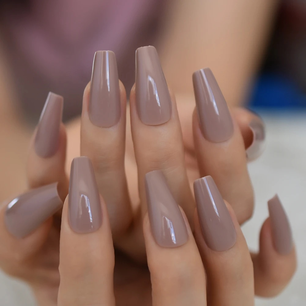 Glossy Brown Coffin Tapered False Nail Long Full Cover Sculpted Ballerina Acrylic Press on Fake Fingernail Tips Makeup Tool