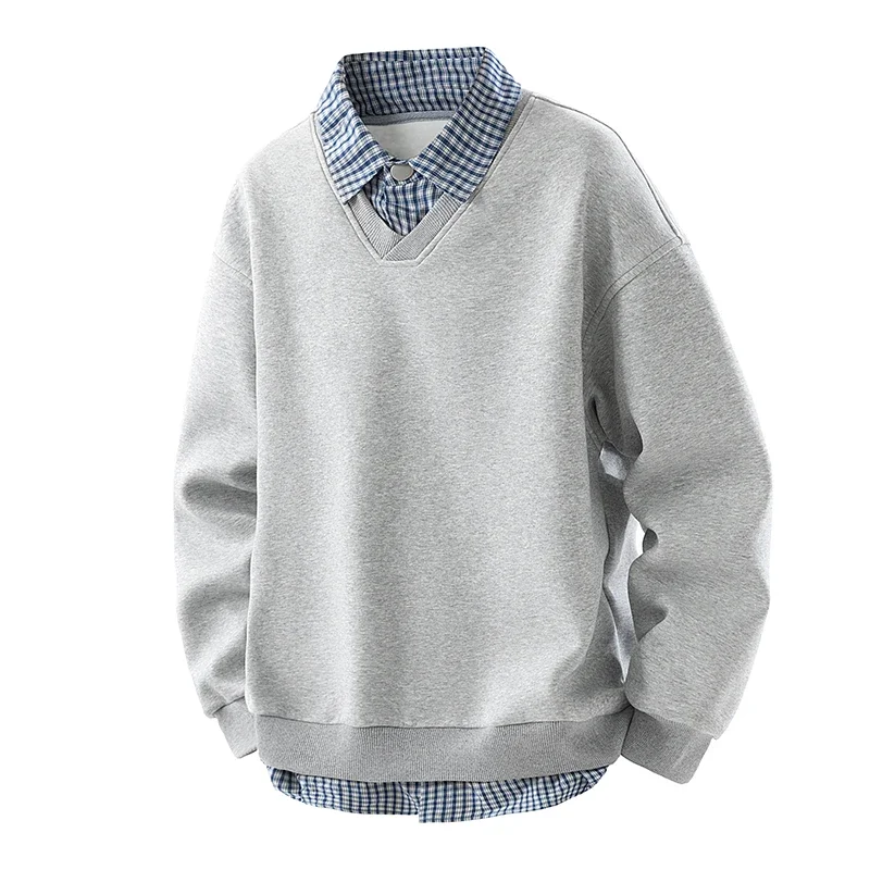 

American Fake Two-piece Shirt Hoodie Checkered Collar Pullover Long-sleeved Hoodie Loose and Versatile Trendy Men's Autumn Coat