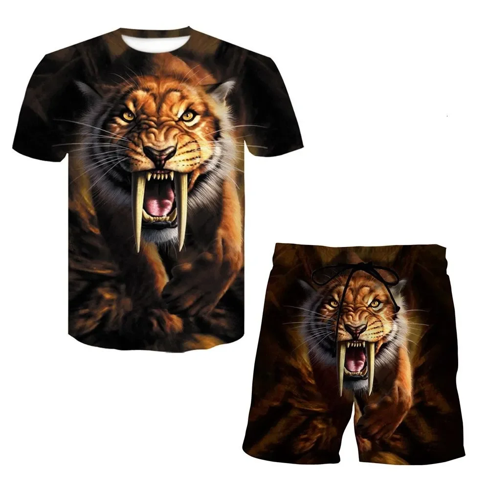2025 3D printed tiger pattern summer new men's animal tiger sportswear fashionable short sleeved two-piece set