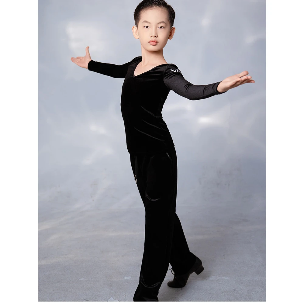 

Новинка 2025, костюмы для латинских танцев для мальчиков, брюки для латинских танцев с длинными рукавами, черный костюм, одежда для латинских танцев самбы-чачи XH3833