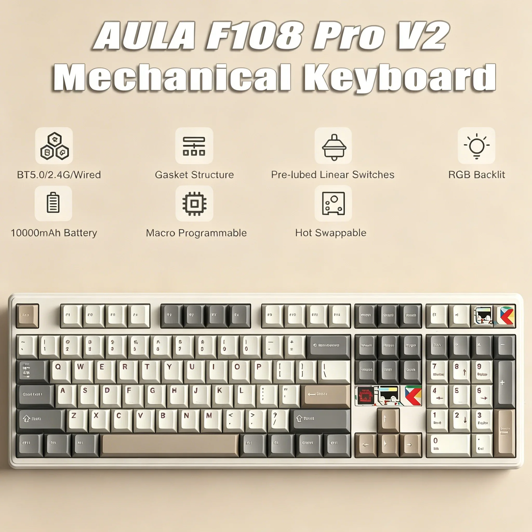 AULA F108 Pro V2 Wireless Mechanical Keyboard Tri-Mode TFT Smart Display 8KHz 100% Layout RGB Hot-swap Gasket 10000mAh for PC