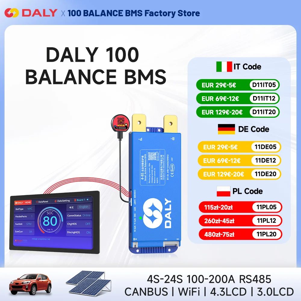 

Daly Smart Bms with Active balance Wifi bluetooth LCD display 4S 8S 16S 24S 100A 150A Li-ion lifepo4 LTO rs485 CANBUS inverter