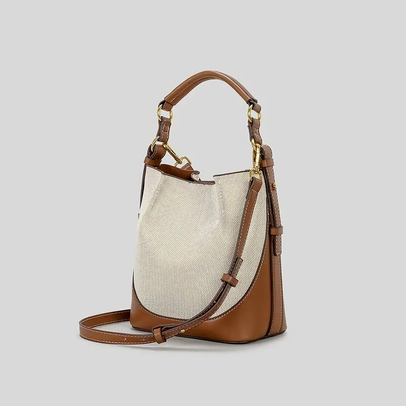 Fashion Panelled Canvas Bucket Bag Designer Women Handbags Luxury Pu Leather Shoulder Crossbody Bags with Wide Strap Tote Purses