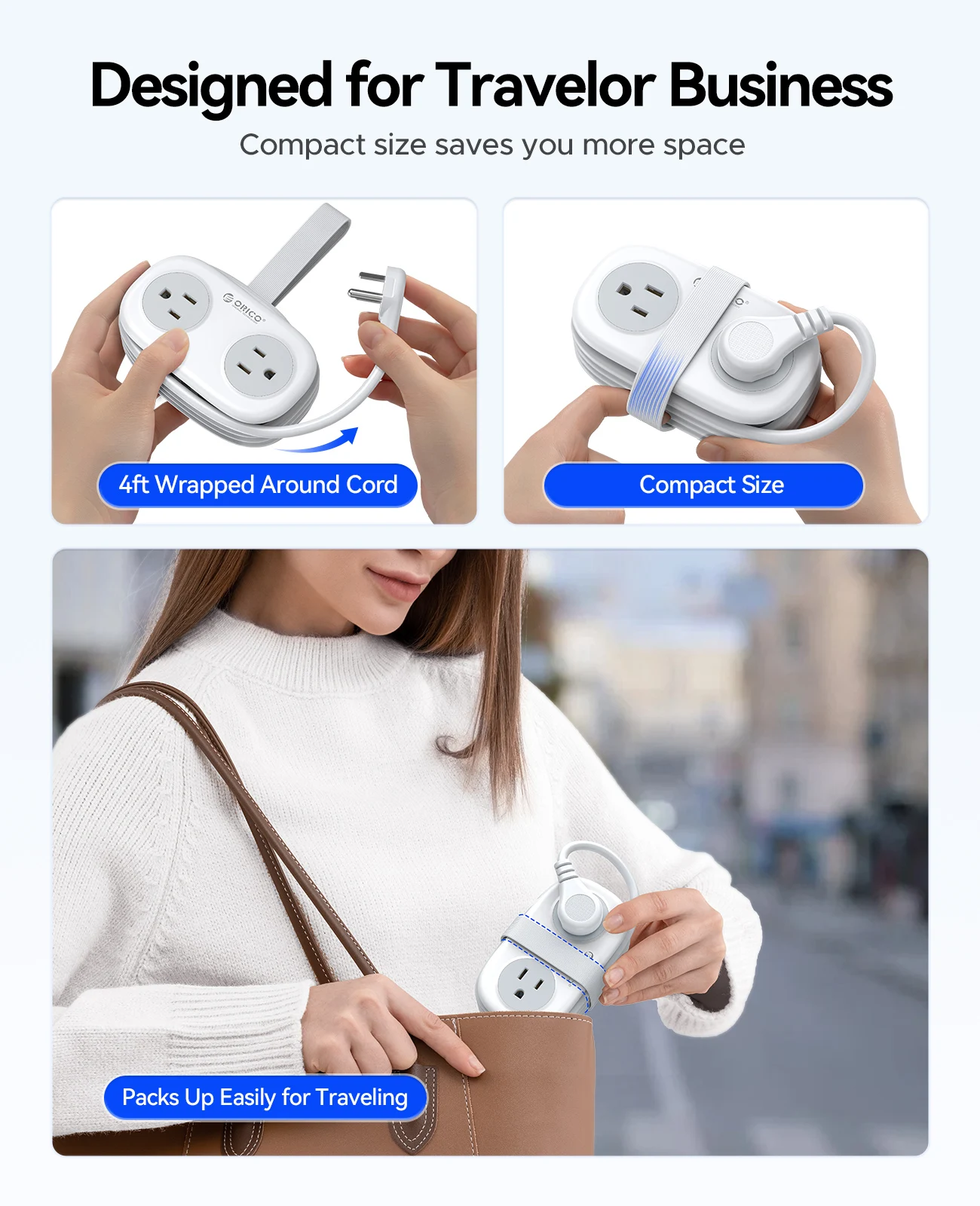 ORICO Cable-Wrap Portable Travel Power Strip 15W Fast Charging Station with 4 AC Outlets 2 USB 1 Type-C US Plug Adapter Home