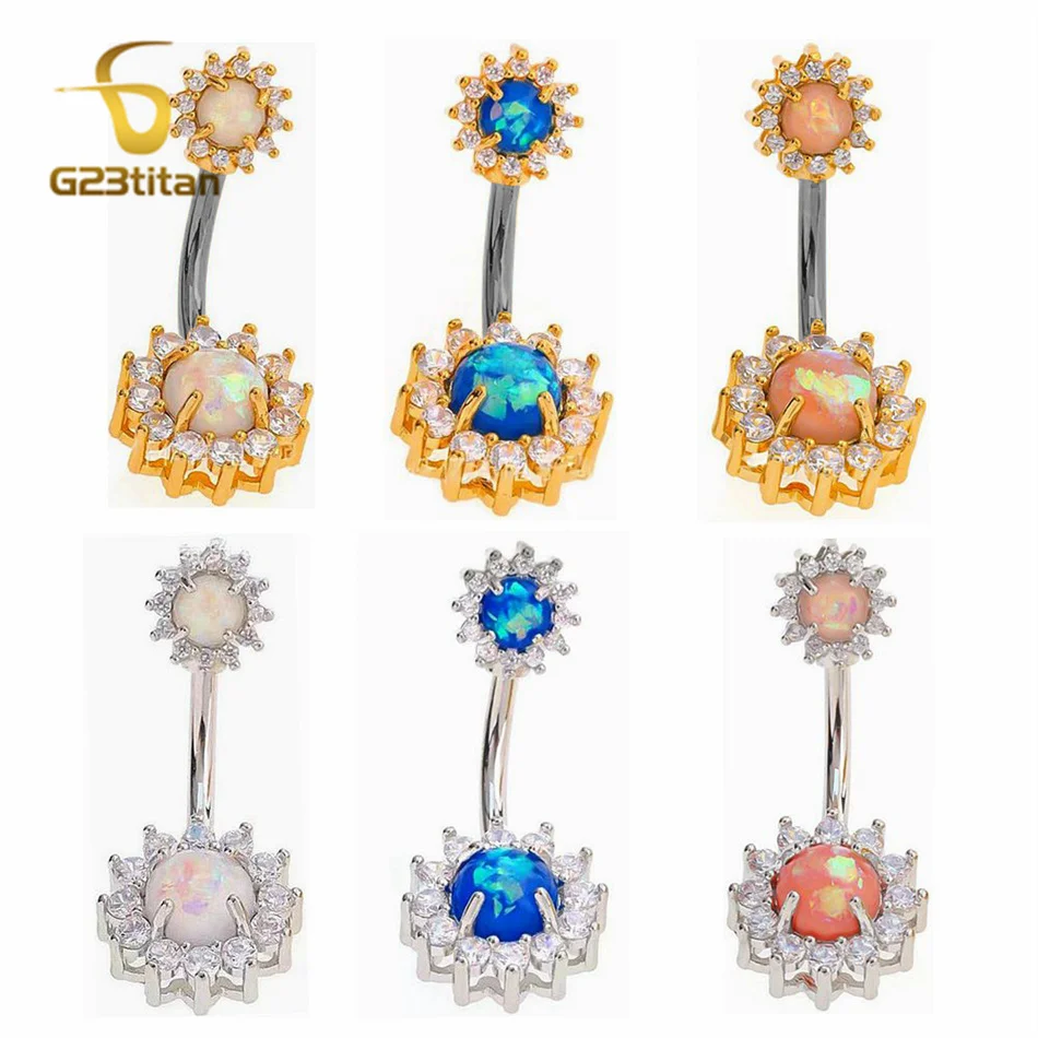 Belle Double face opale fleur nombril anneau Zircon G23 titane haltère femme homme nombril Piercing barre Ombligo Sexy bijoux