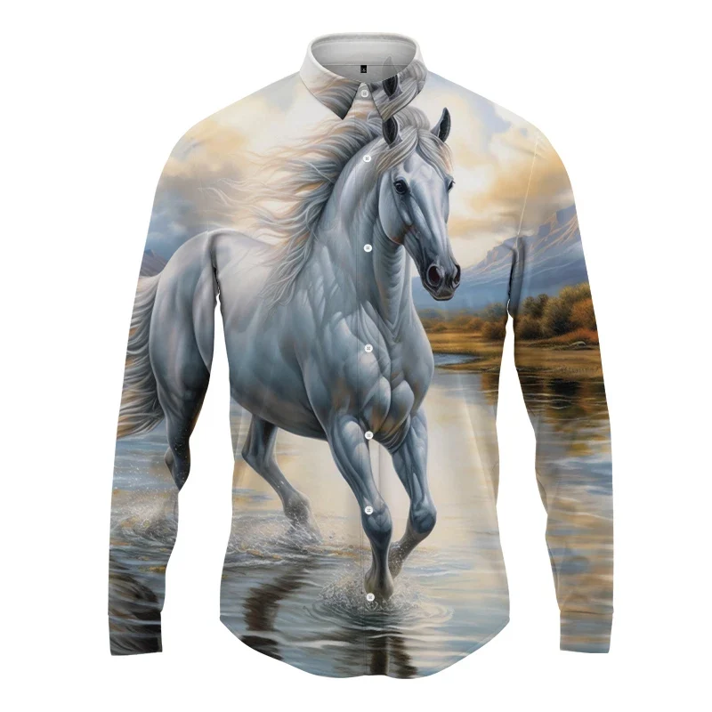 Hawaiian Long -sleeved Shirt Streets Harajuku Men's Spring Autumn Fashion Men's Button Shirt 3D Horse Print Camisas De Hombre