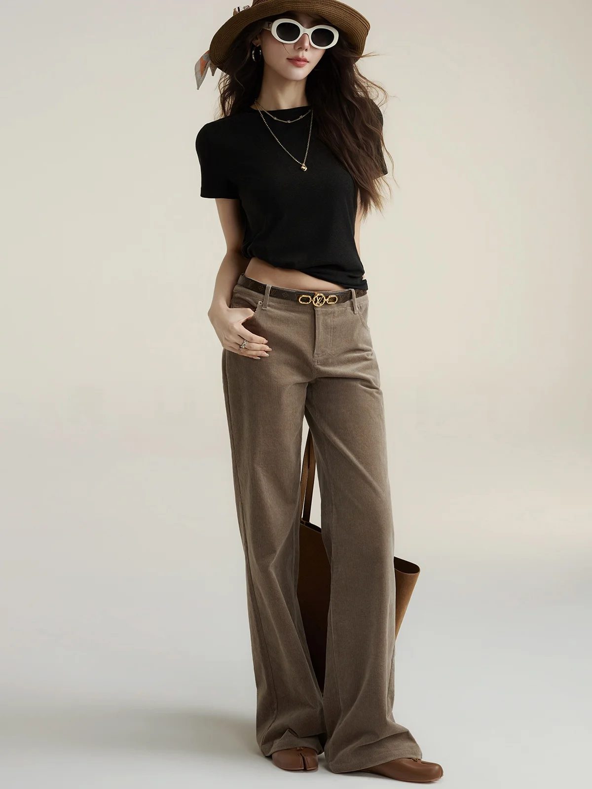 

Slim Fit Straight Leg Corduroy Casual Pants Versatile Fashionable American Retro Style High Waist Zipper Closure Ladies Trousers