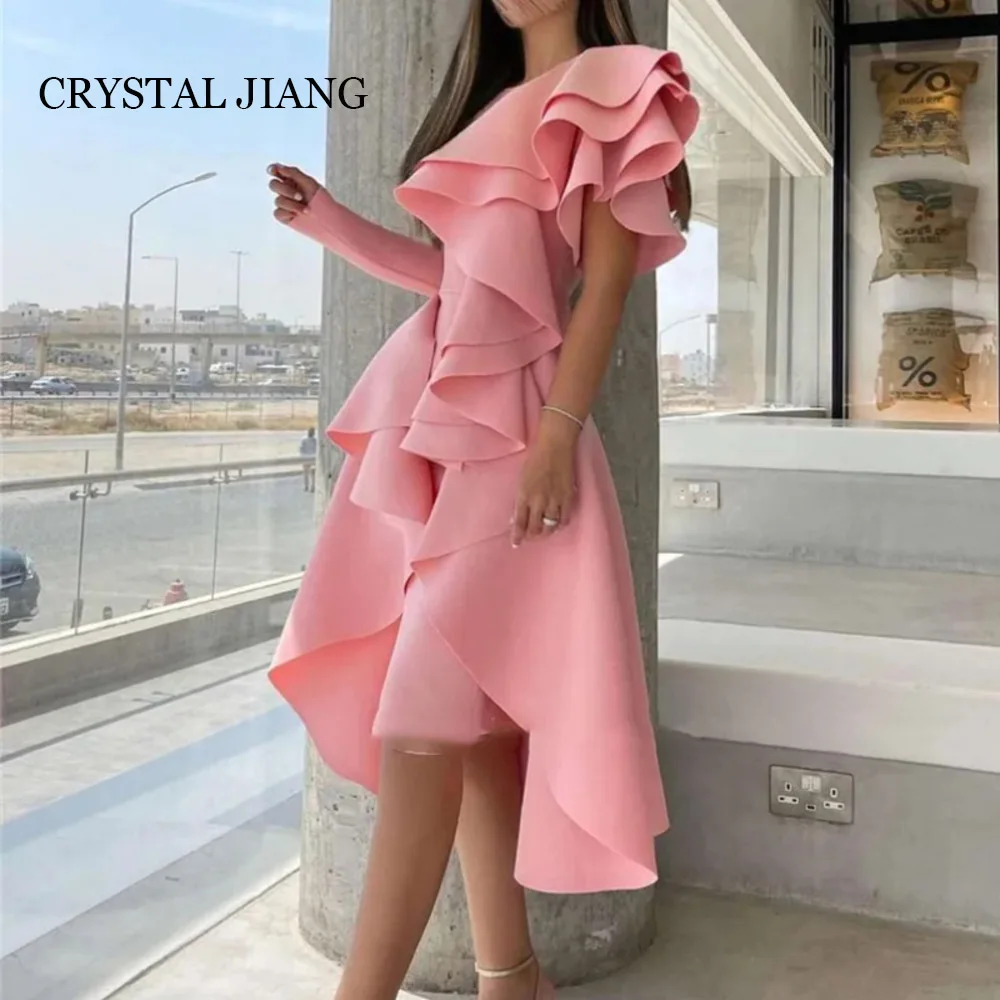 

Sexy Short Blush Pink Jewel Neck Satin Evening Dresses Full Sleeves A Line Ruffled Tea Length Vestidos De Noche