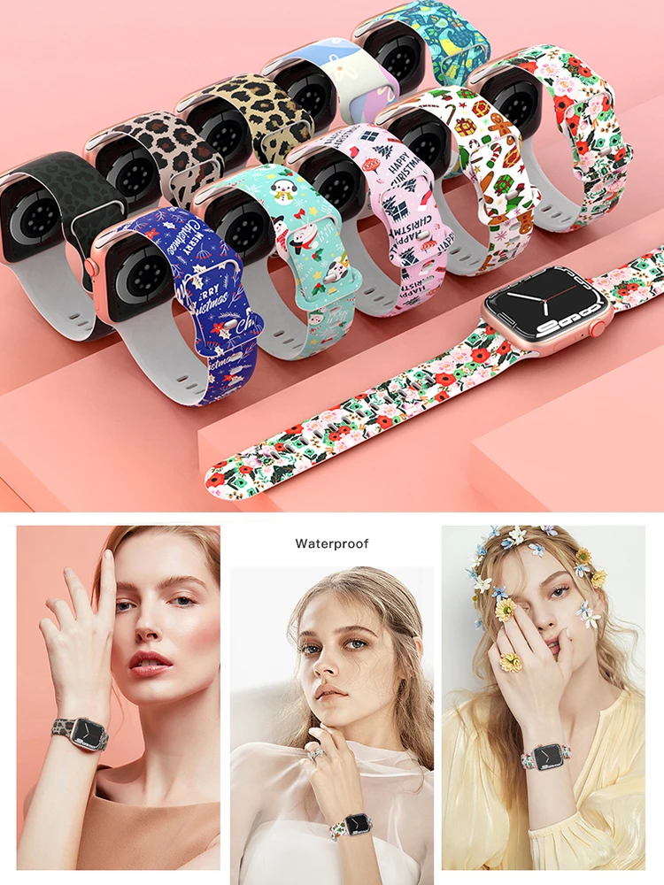 Christmas Bands For Apple Watch strap 44mm Ultra 2 49mm 40mm women Printed silicone bracelet iWatch Series 9 8 7 6 5 SE 41/45mm