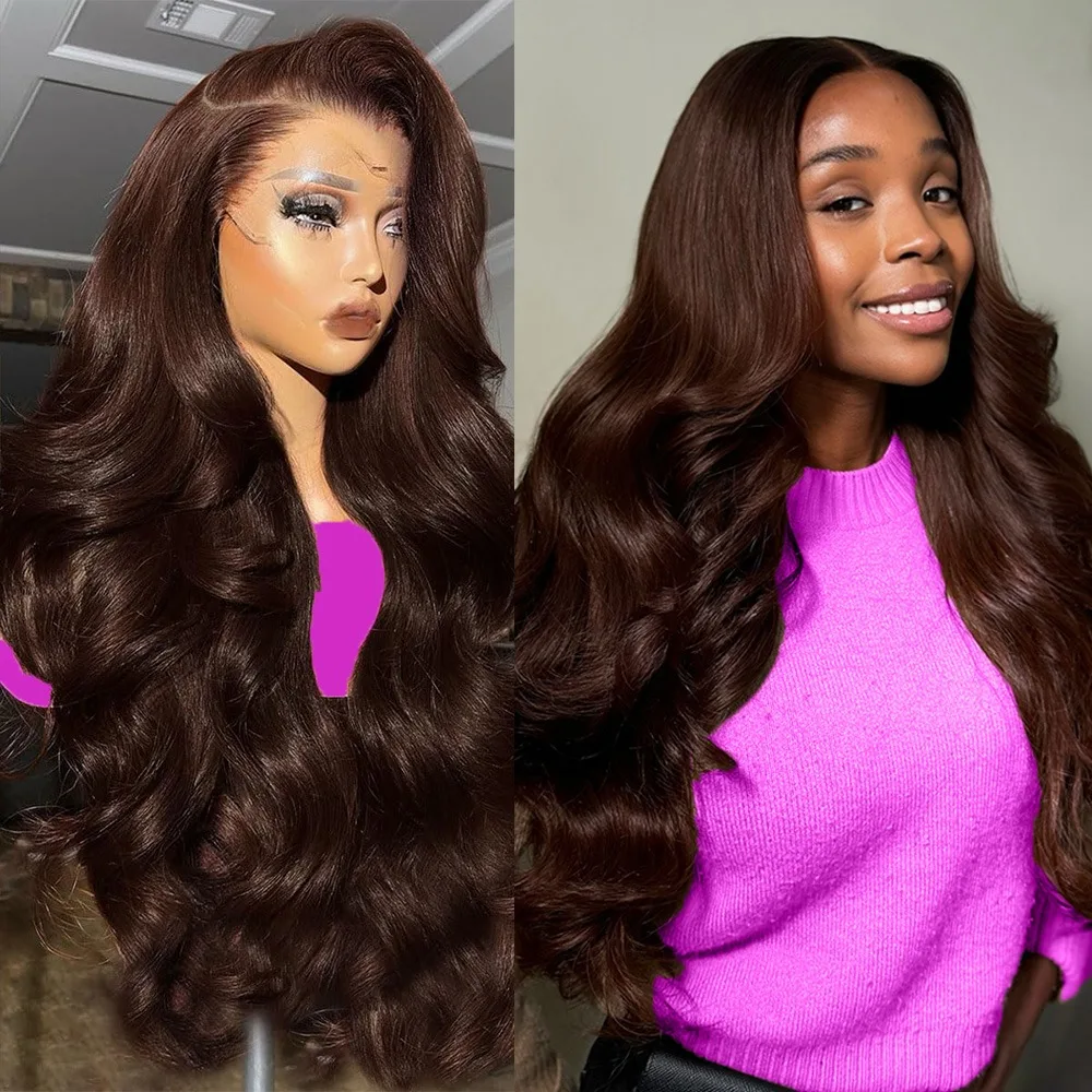 密度200 # 4つのチョコレートブラウン13x4 13x6ボディウェーブHDレースフロントウィッグブラジル人女性用100%レミー人毛ウィッグ生え際処理済み