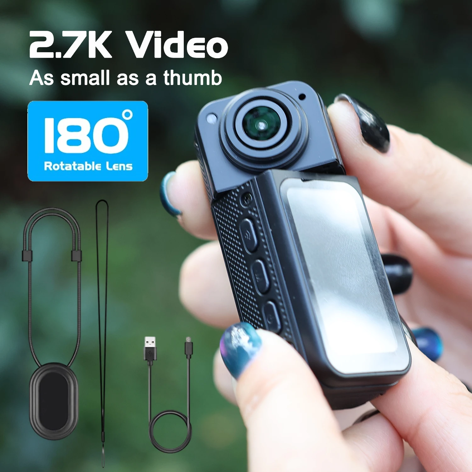 

Thumb Action Mini Camera 180° Rotatable Body WIFI Recorder with Magnetic Holder Lanyard Charging Cable 2.7K Pocket Cameras Kit