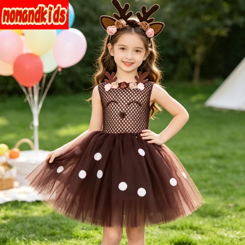Floral Antler Forest Animal Tulle Costume with Fluffy Mesh Layers,suitable for Christmas Eve Events and School Stage Performance