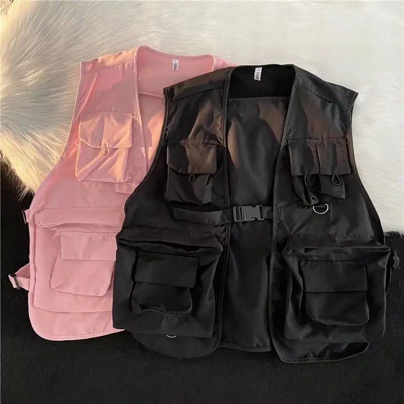 Multi Pocket Minimalist Casual Black Vest Chalecos Para Mujer Roupas Femininas Spring Summer Waistcoat Women Crop