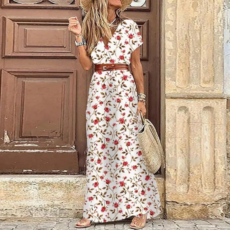 Boho Retro Zomer Lange Jurk voor Vrouwen Avond 2024 Vestidos Mujer Jurken Elegant Gewaad Femme Casual Maxi Korte Mouw Kleding