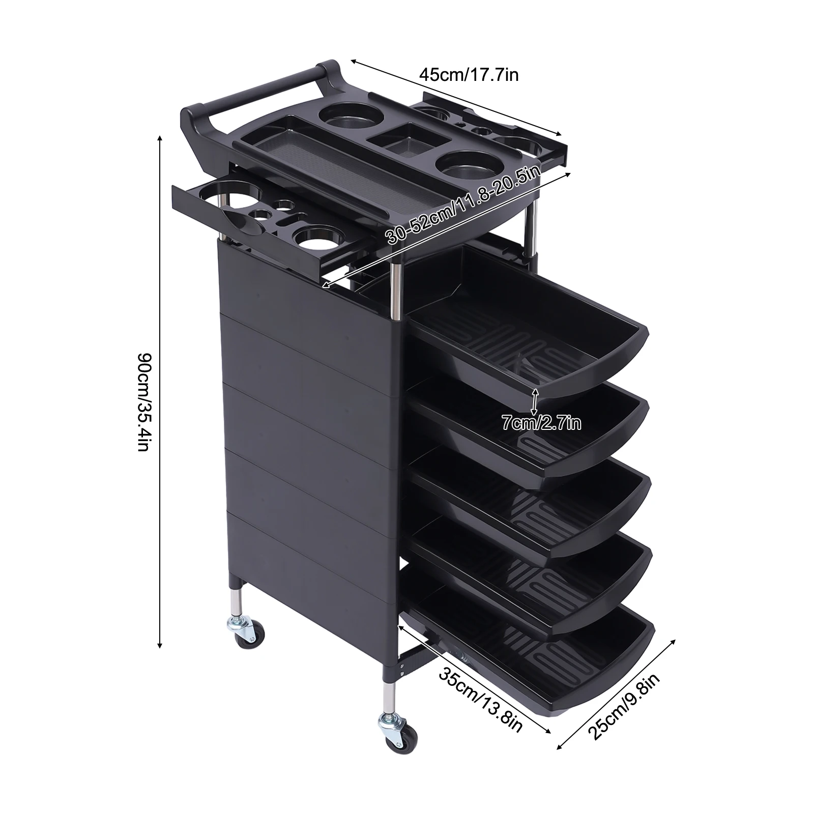 Carrello professionale per salone di bellezza con 5 cassetti, stazione mobile per salone con vassoi laterali, carico dall'alto 30 kg per salone e clinica