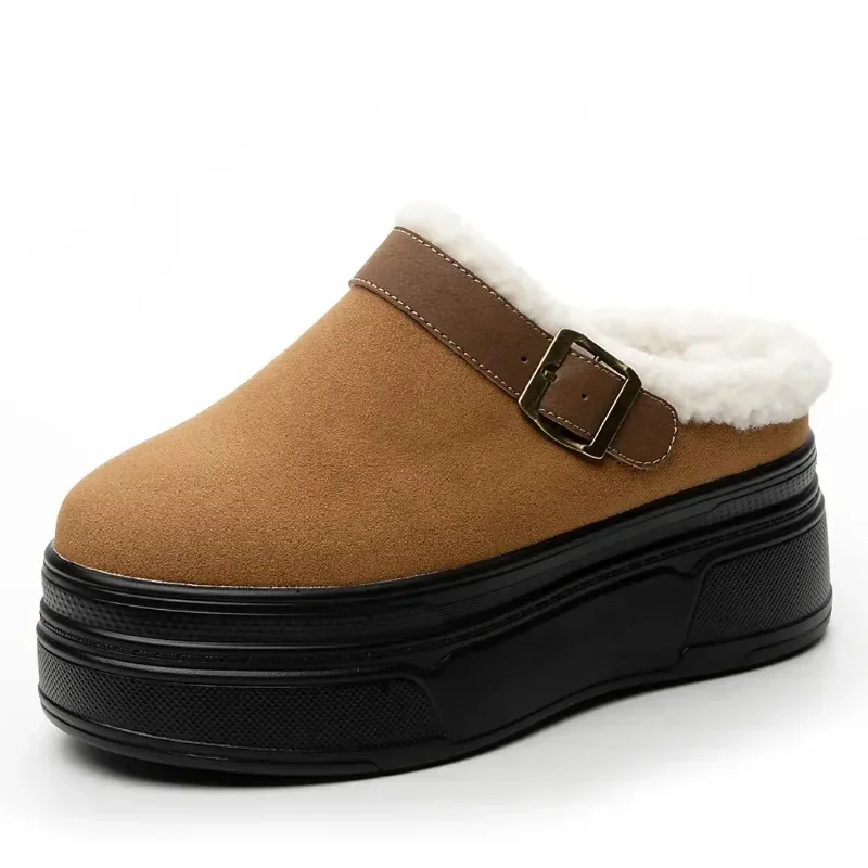 Pantoufles en daim et cuir véritable pour femmes, 8cm, semelle compensée, mode chaude, automne, printemps, hiver, chaussures en peluche