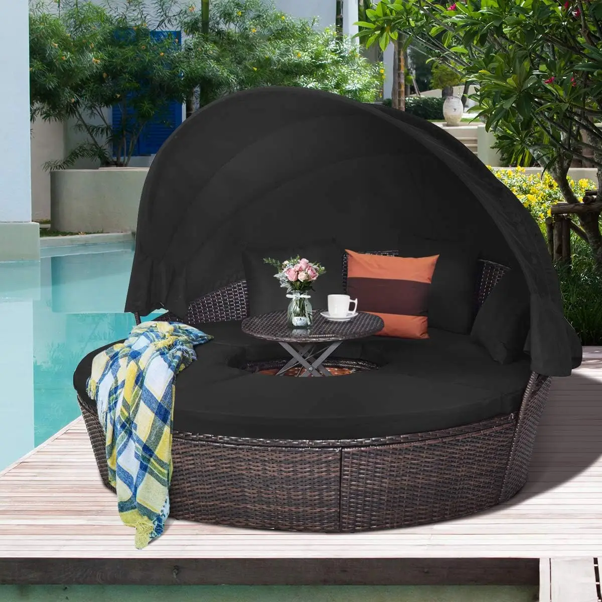 Round Daybed with Retractable Canopy, Outdoor Wicker Rattan Furniture Sets, Sectional Cushioned Sofa Set w/Height Adjustable